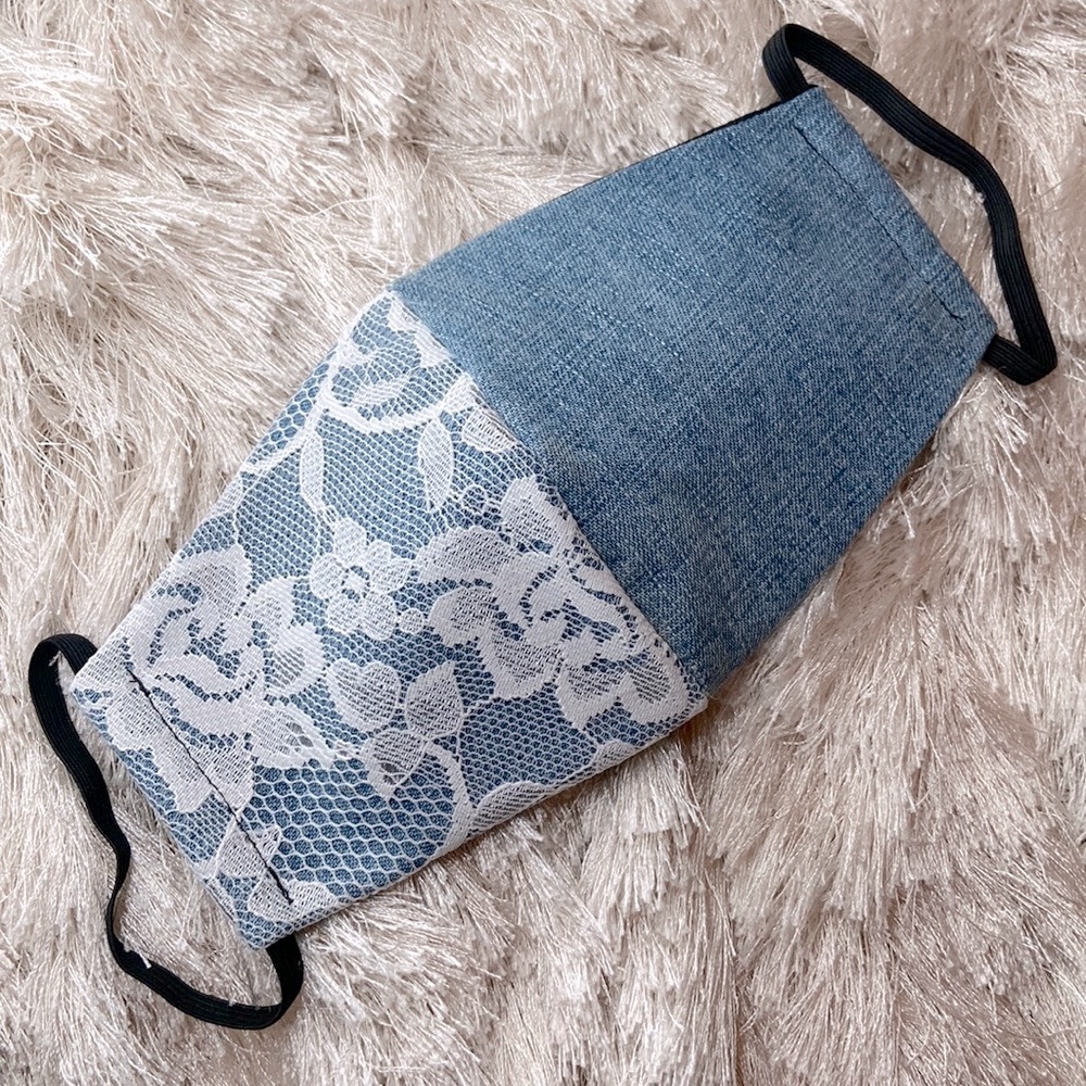 Hand Made Denim with lace overlay face mask, M/L